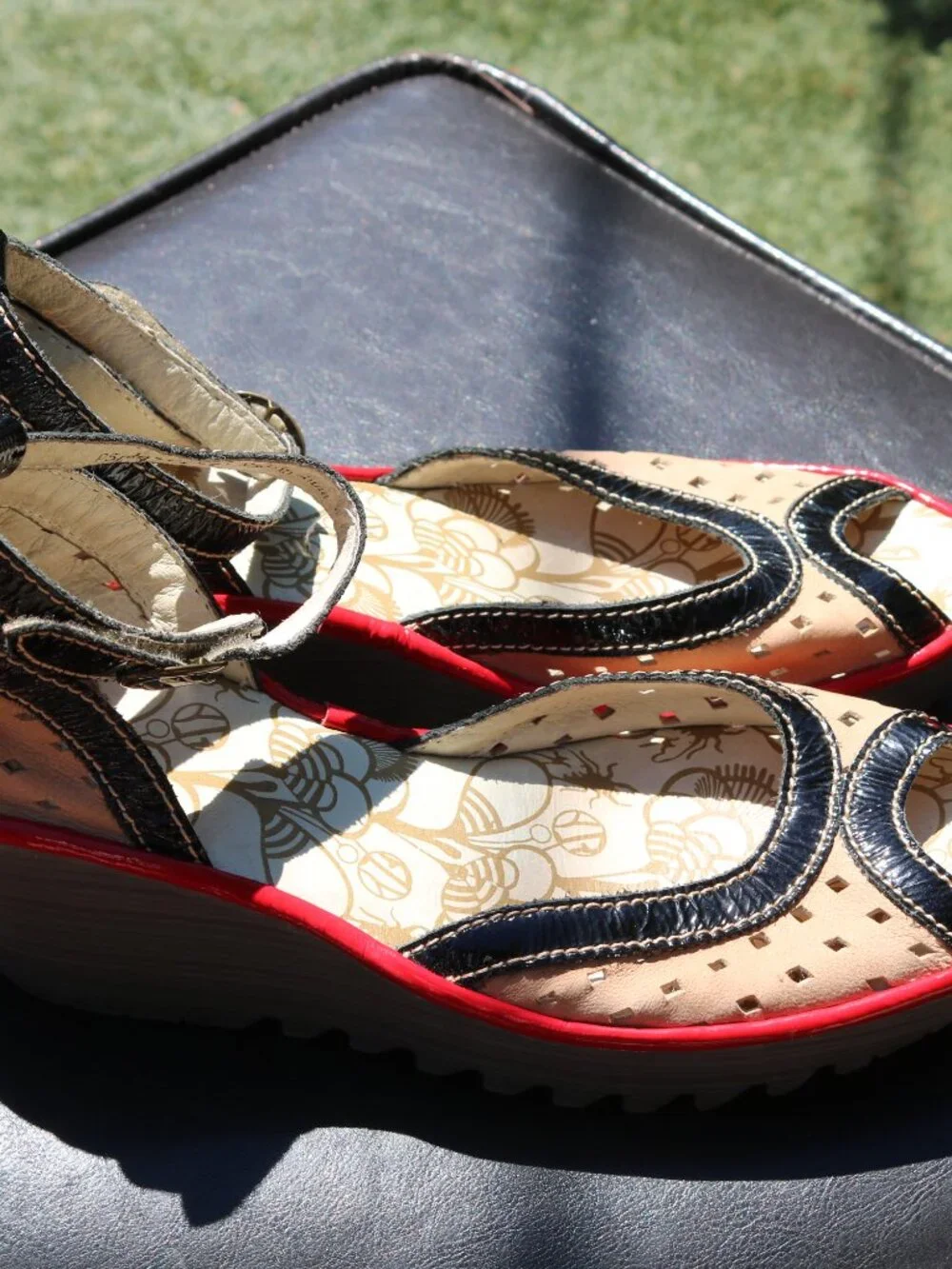 FLY LONDON Ydel Sandals Perforated Wedge Heels Shoes Leather